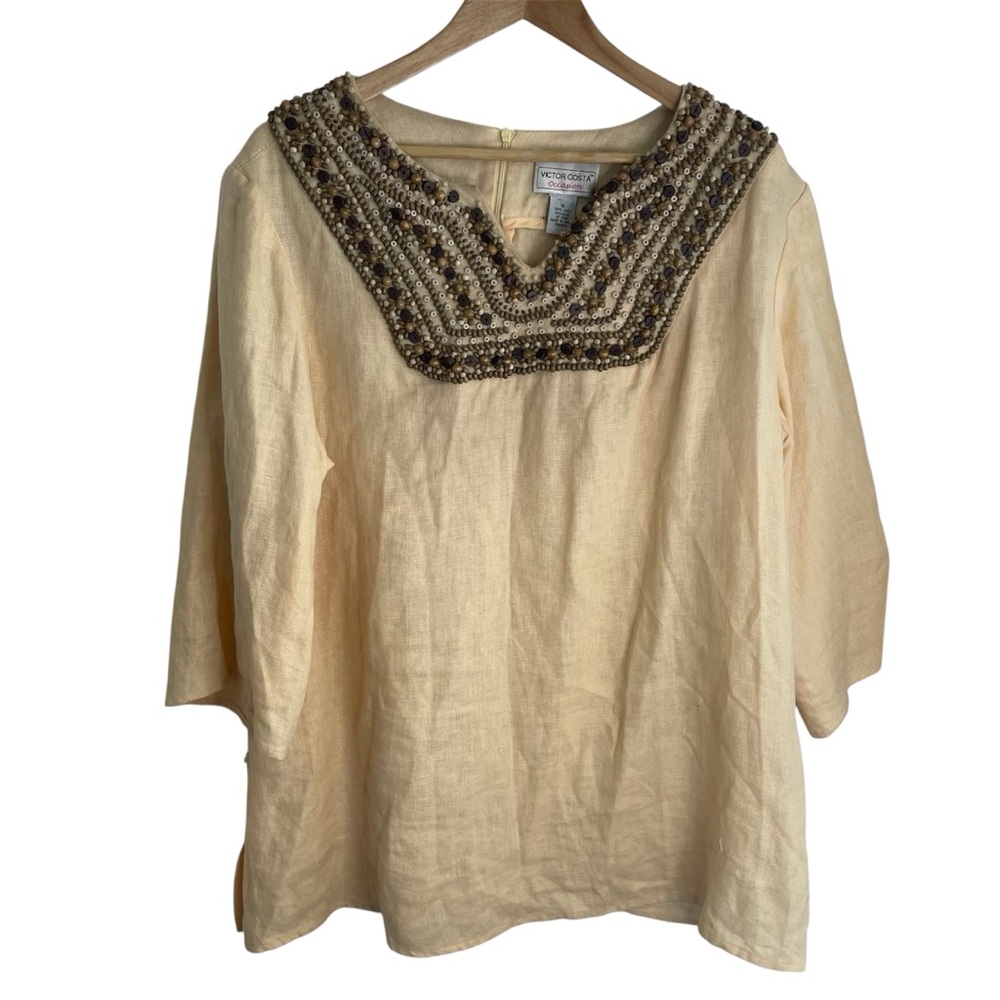 Victor Costa Cream Embellished Linen Tunic Size 1X beaded old money artsy chic